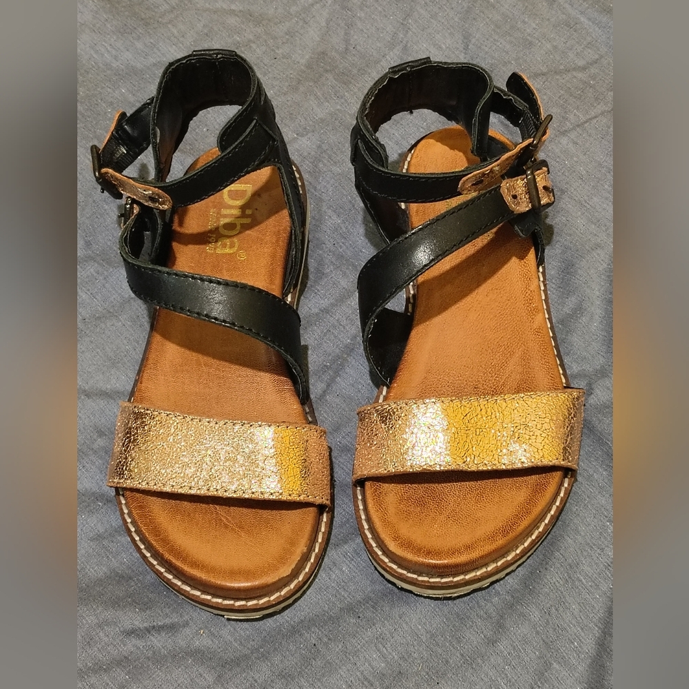 Diba Black and Gold Sandals with Metallic Straps